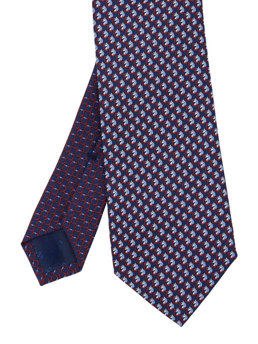Blue Tie with Rear Tie Closure and All-Over Gancini Print in Silk Man