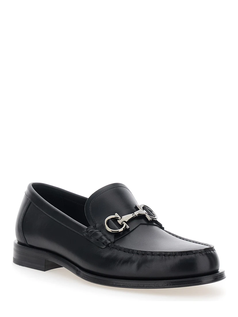 Black Loafers with Metal Ganicini Detail on the Front in Leather Man