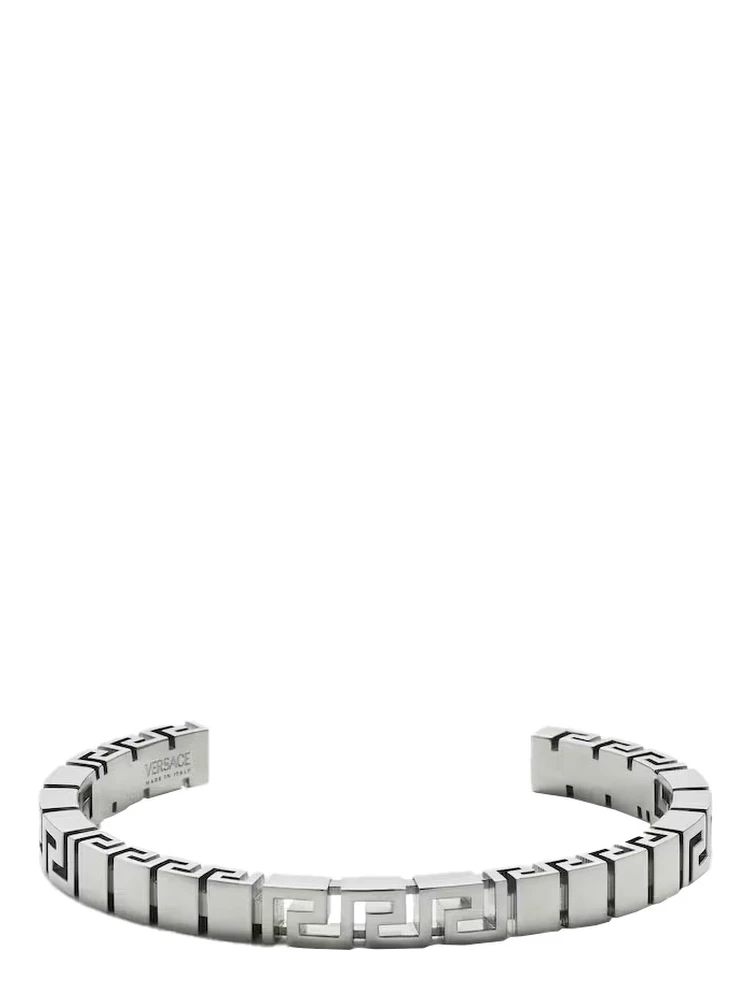 Silver-Colored Bracelet with Greek Motif and Logo Lettering Debossed in Brass Man