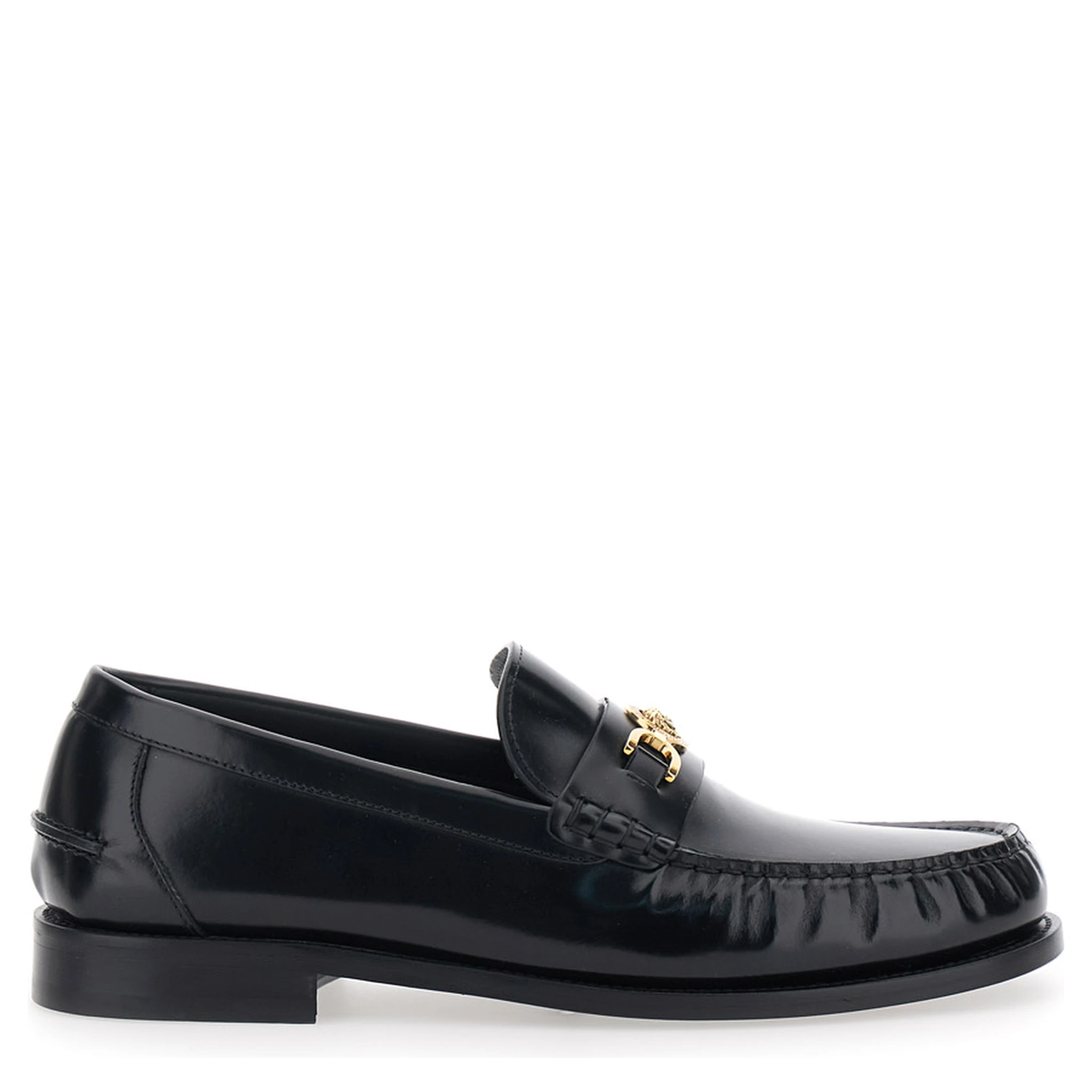 Black Loafers with Metallic Medusa Head Detail in Leather Man