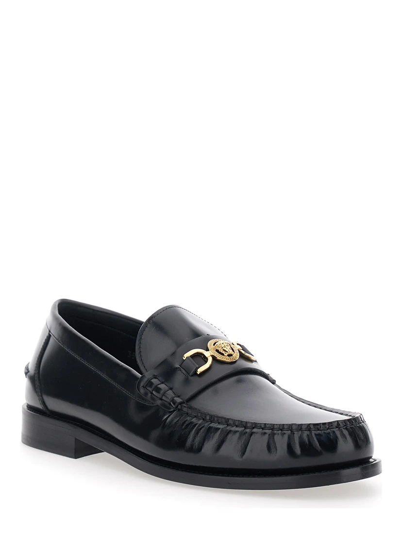 Black Loafers with Metallic Medusa Head Detail in Leather Man