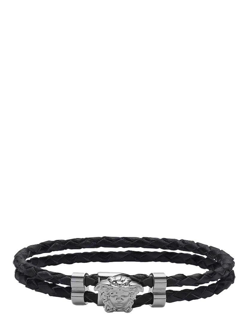 Black Bracelet with Metallic Medusa Head Plate in Leather Man