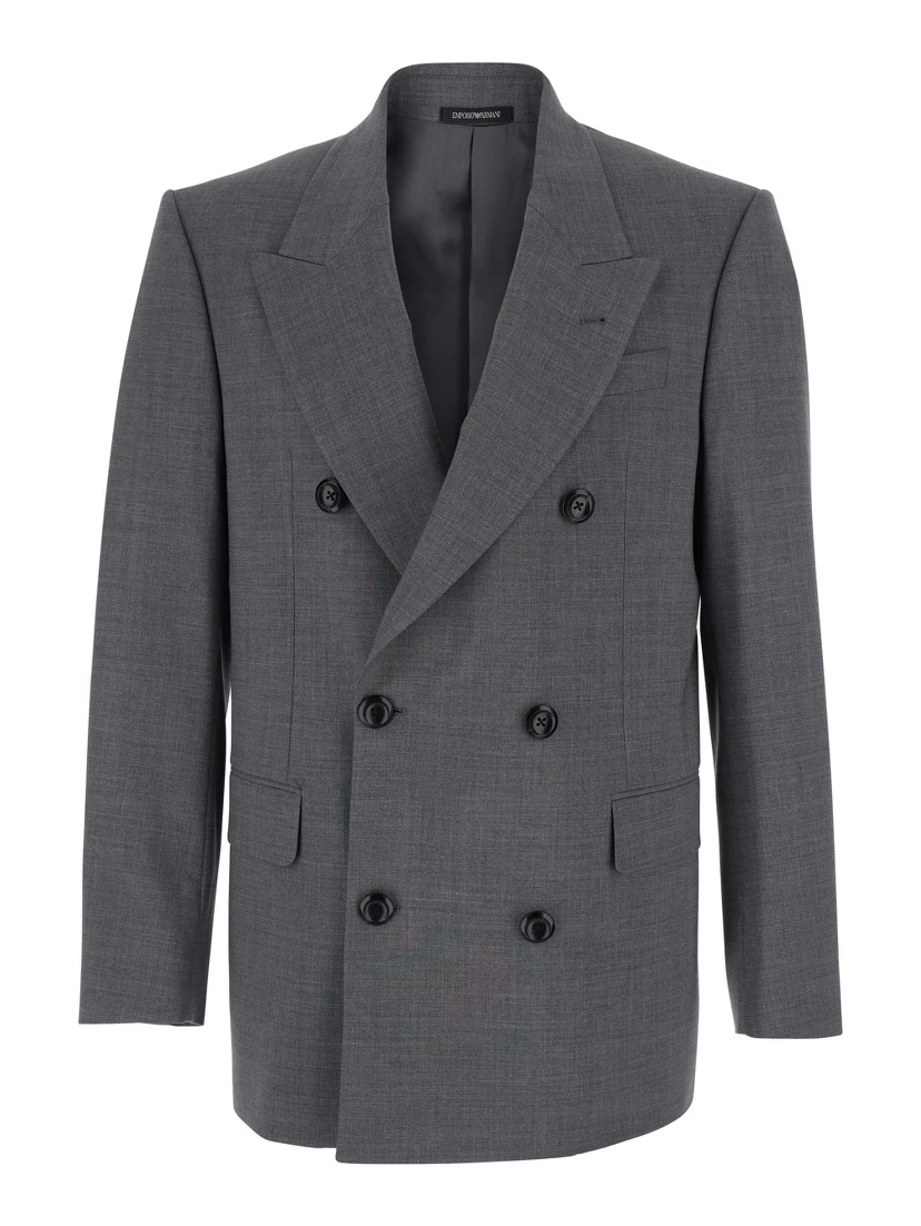 Grey Double-Breasted Jacket with Peak Lapels in Wool Man