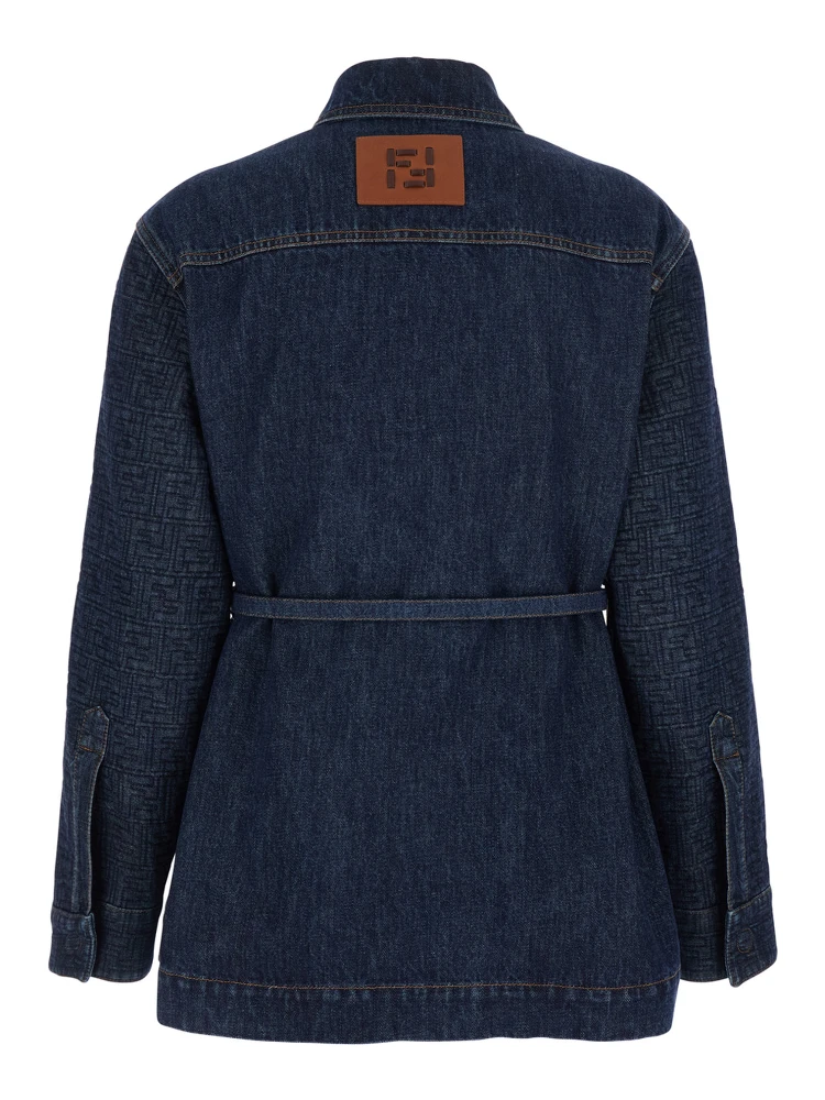 Blue Jacket with Pointed Collar and Waist Belt with FF Plaque in Denim Woman alternative
