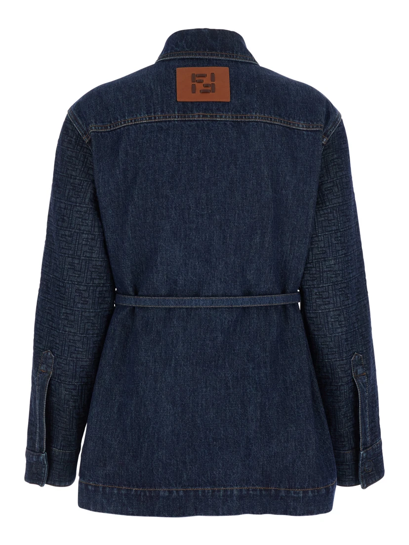 Blue Jacket with Pointed Collar and Waist Belt with FF Plaque in Denim Woman
