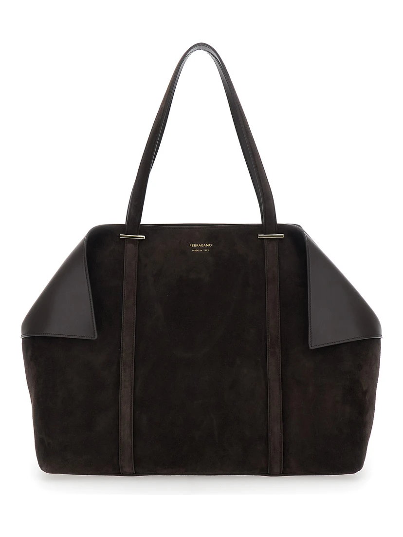 Brown Tote Bag with Folded Angles and Embossed Logo Lettering on the Front in Suede Woman
