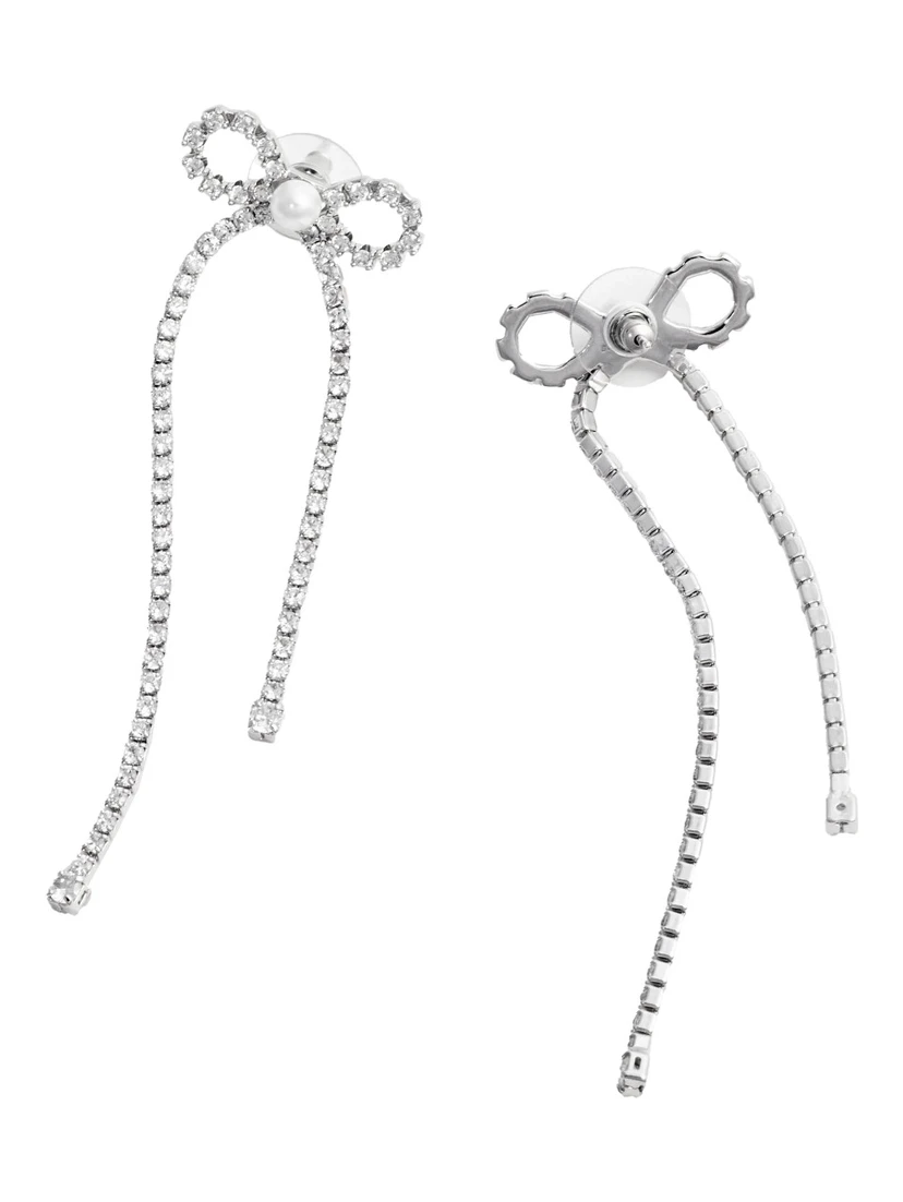 Silver Colored Pendant Earings with Bow Detail and all-Over Crystal Embellishments in Copper Woman