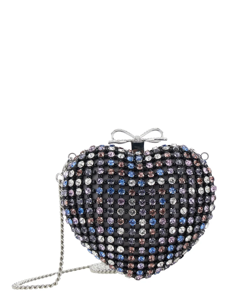 Multicolor Heart Shaped Clutch with Pearl Embellishments and Bow Detail in Tech Fabric Woman