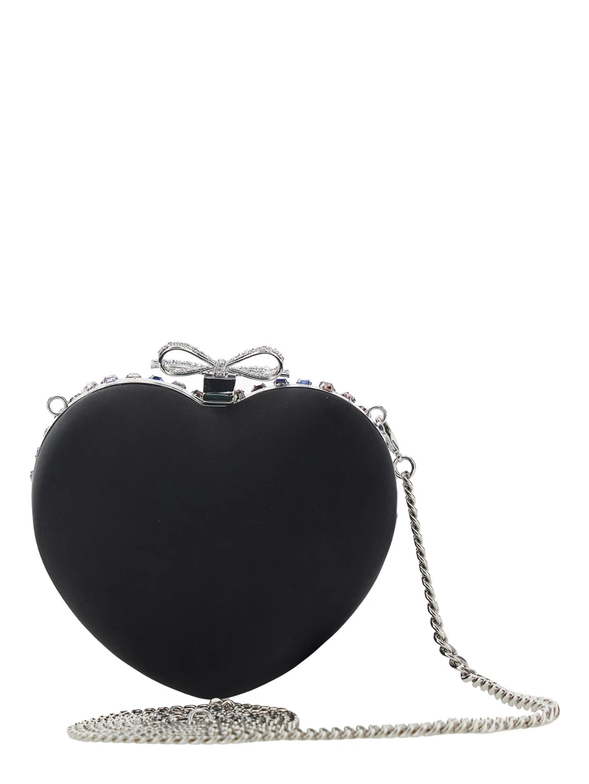 Multicolor Heart Shaped Clutch with Pearl Embellishments and Bow Detail in Tech Fabric Woman