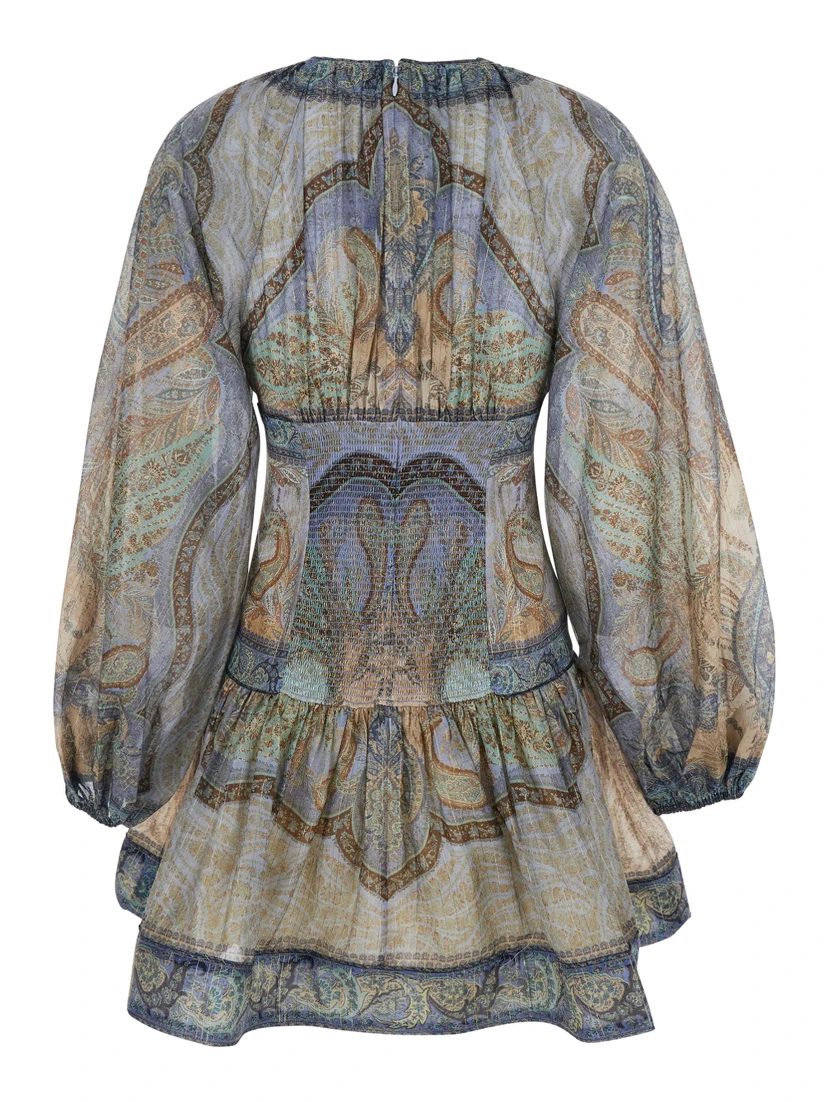 Wanderlust Multicolor Crewneck Mini Dress with Puffed Long Sleeves and All-Over Print in Cotton and Silk Blend Woman