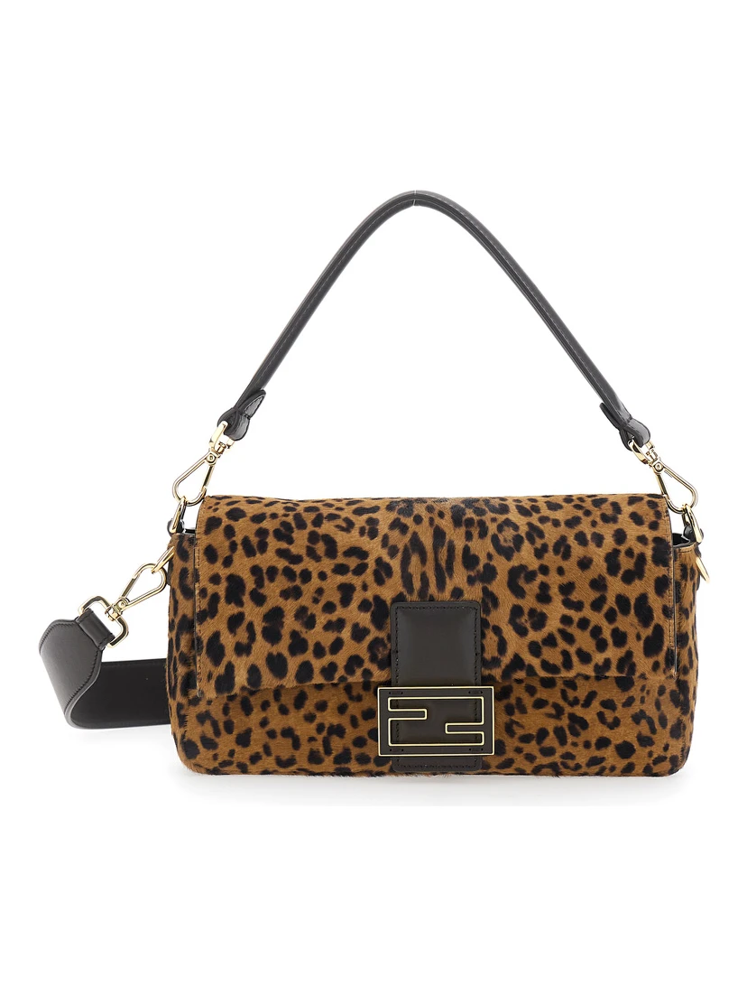 Medium Baguette Brown Shoulder Bag with Stitching Details and Leopard Motif in Leather Woman