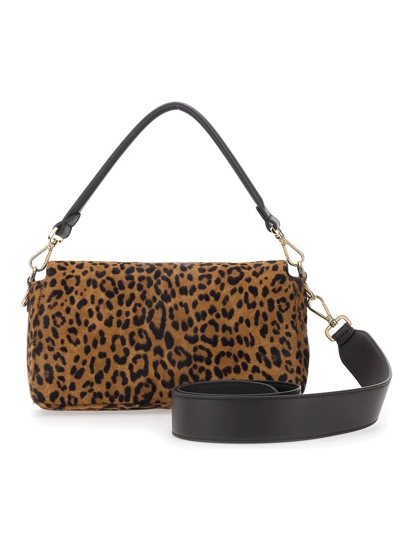 Medium Baguette Brown Shoulder Bag with Stitching Details and Leopard Motif in Leather Woman
