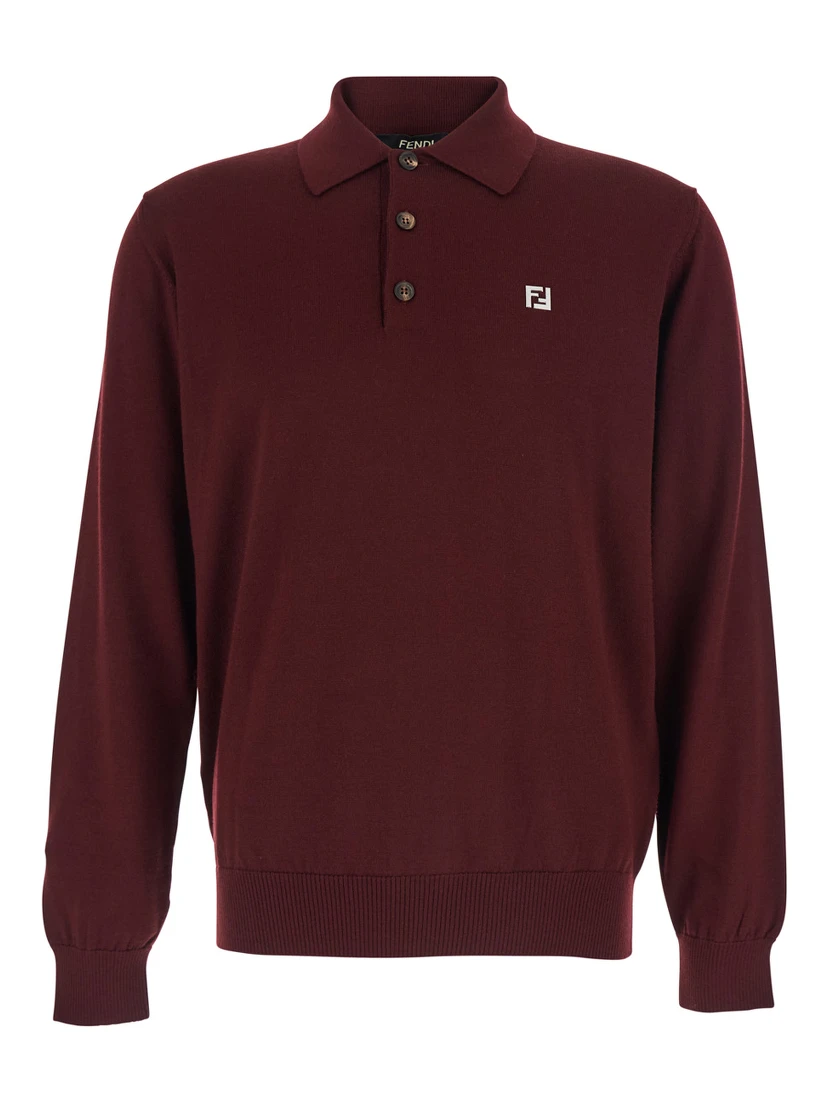 Bordeaux Long-Sleeve Polo Shirt with Classic Collar and FF Plaque on the Front in Wool Man