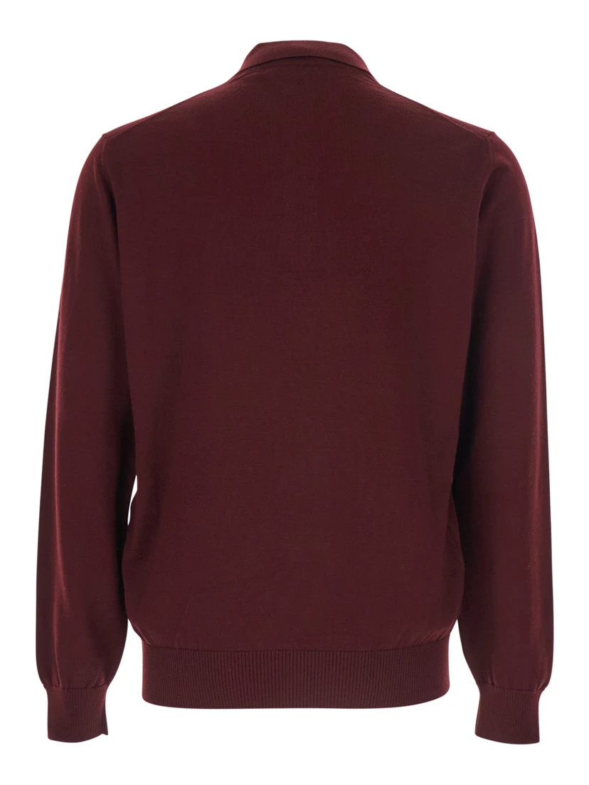 Bordeaux Long-Sleeve Polo Shirt with Classic Collar and FF Plaque on the Front in Wool Man