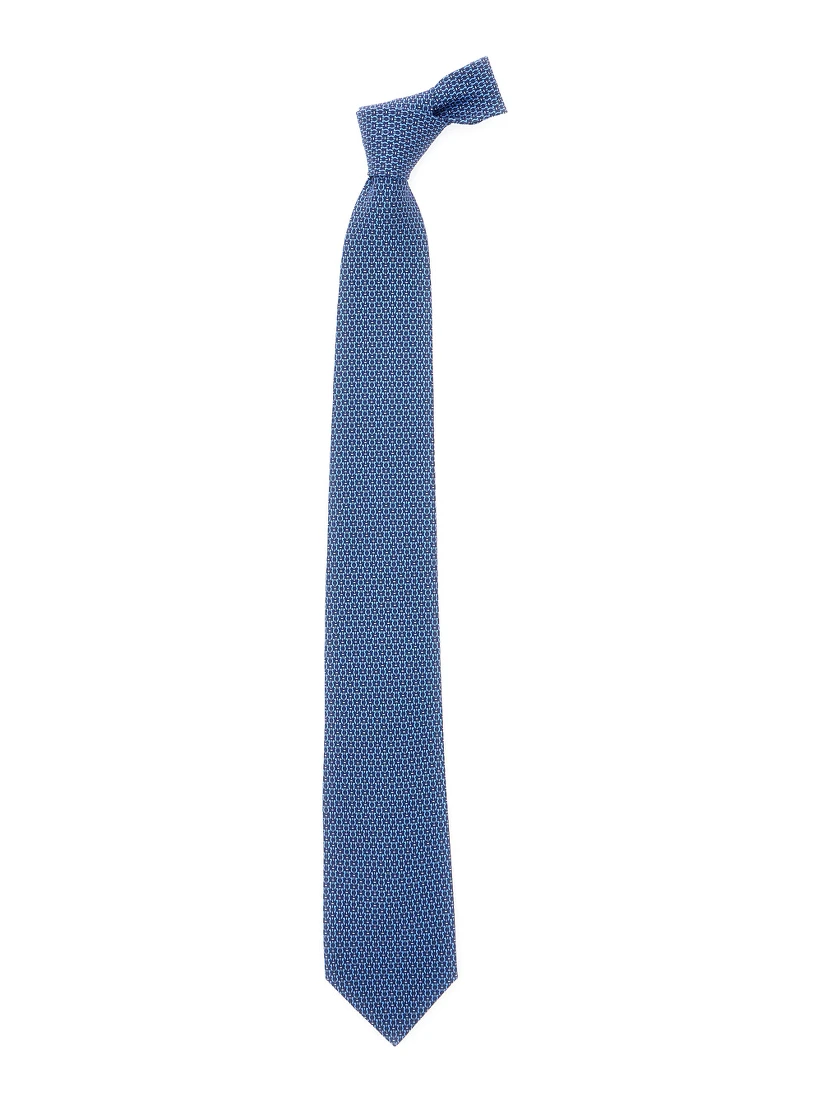 Blue Tie with Rear Tie Closure and All-Over Gancini Print in Silk Man