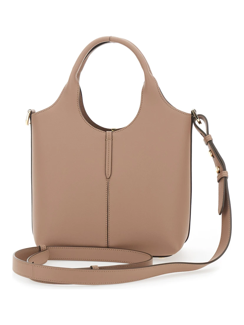 Ebr Mini Beige Shoulder Bag with Logo Metal Plate in Leather Woman