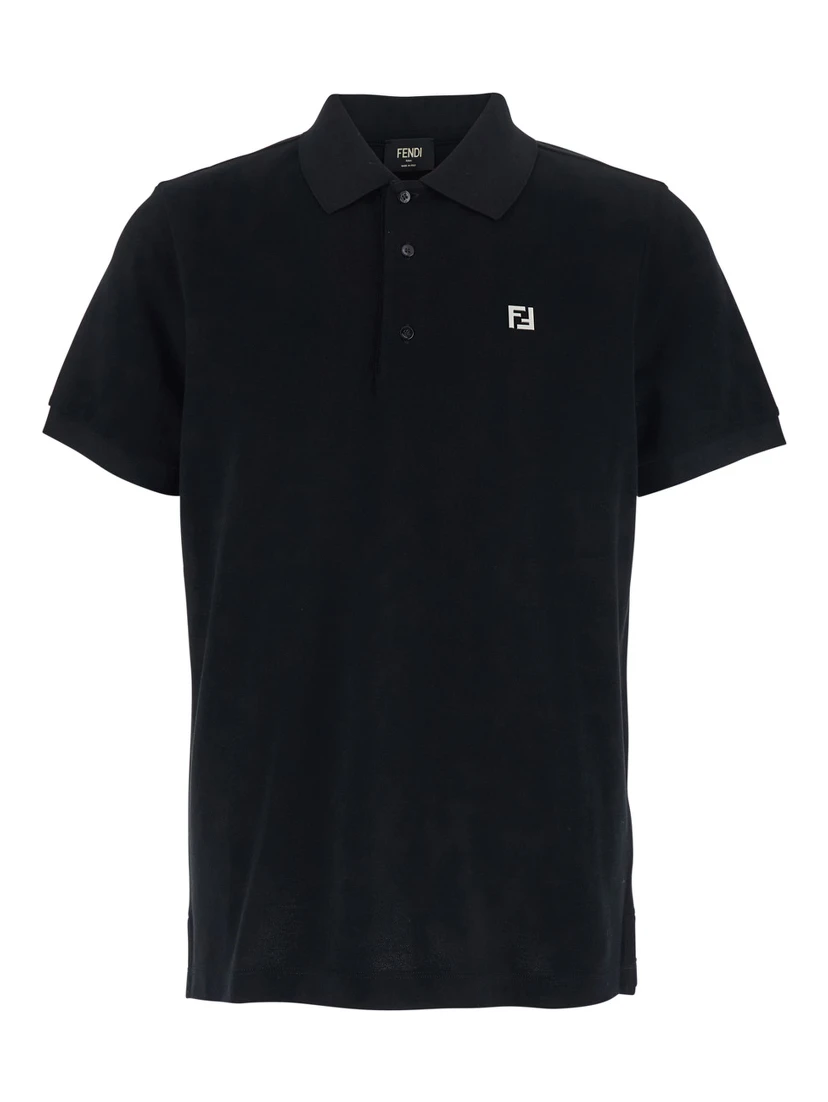 Black Polo Shirt with Metallic FF Logo on the Front in Cotton Pique Man