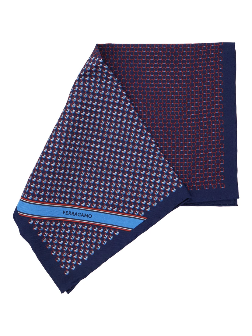 Blue Pocket Square with Gancini Print and Logo Lettering in Silk Man