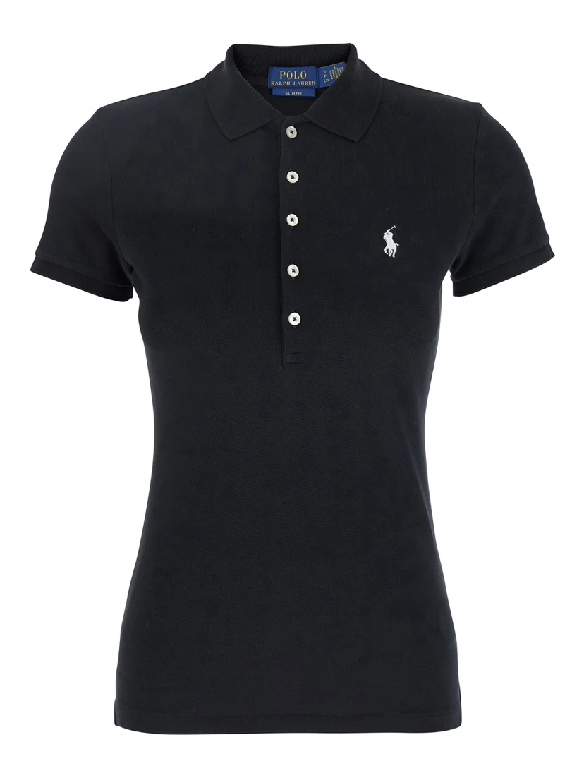 Julie Black Polo Shirt with Classic Collar and Pony Embroidery on the Front in Cotton Stretch Woman