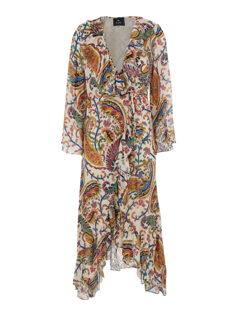 Multicolor Long Dress with V Neck and All-Over Paisley Motif in Silk Woman