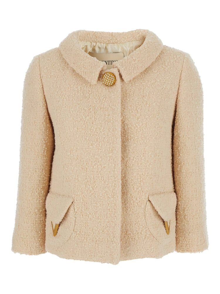 Beige Jacket with Classic Collar and VLogo Plaque on the Fornt in Wool Woman