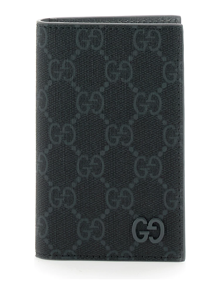 Black Card Holder with All-Over GG Motif and Logo on the Front in Fabric Man