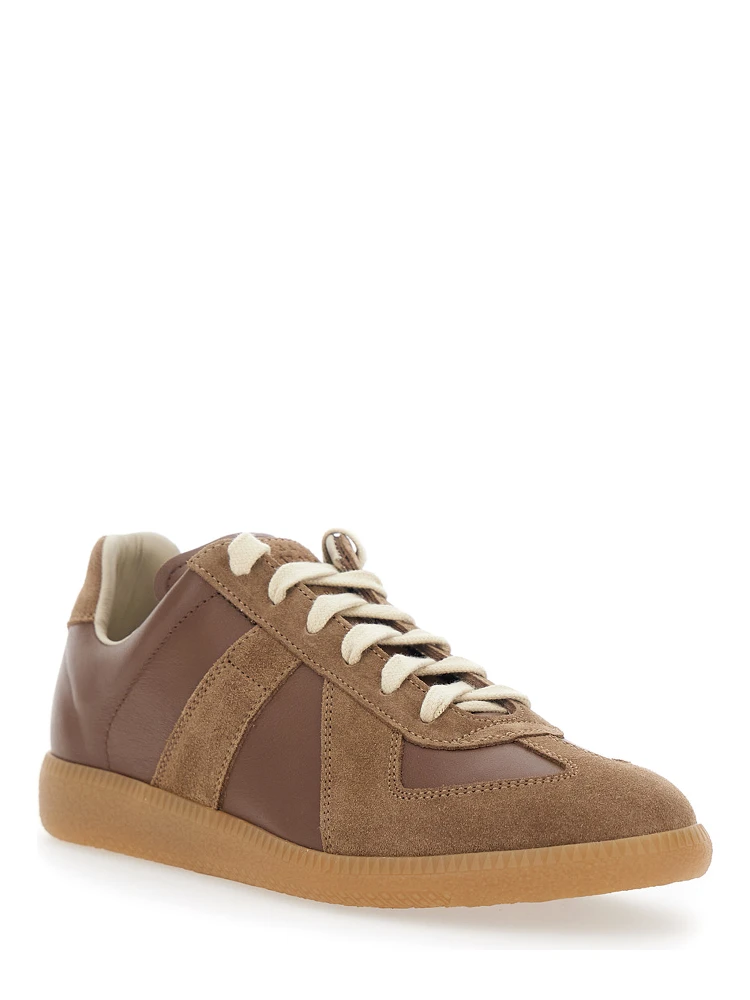 Replica Brown Low Top Sneakers with Suede Details and Logo on the Tongue in Leather Woman alternative