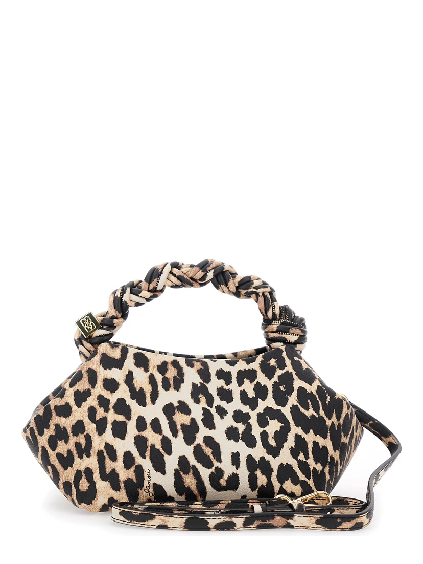 Bou Brown Small Handbag with Braided Handle and All-Over Leopard Motif in Fabric Woman