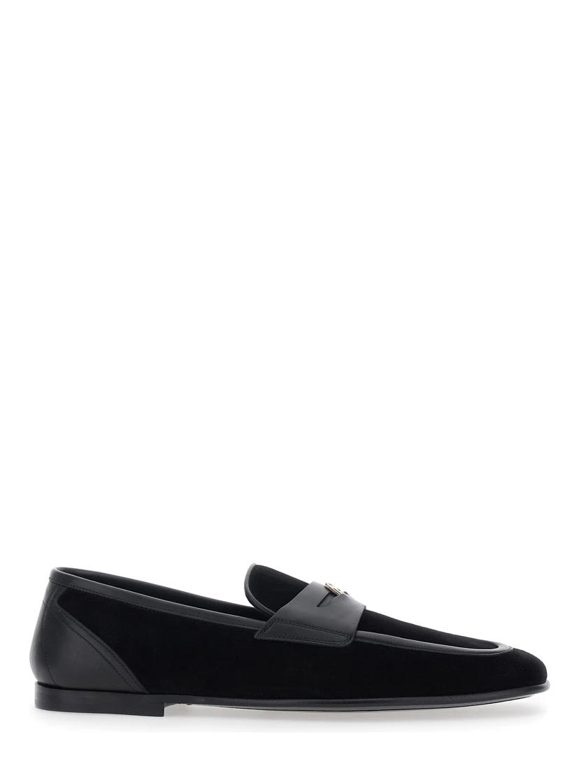 Ariosto Black Loafers with Metallic DG Logo Plate on the Front in Leather and Suede Man
