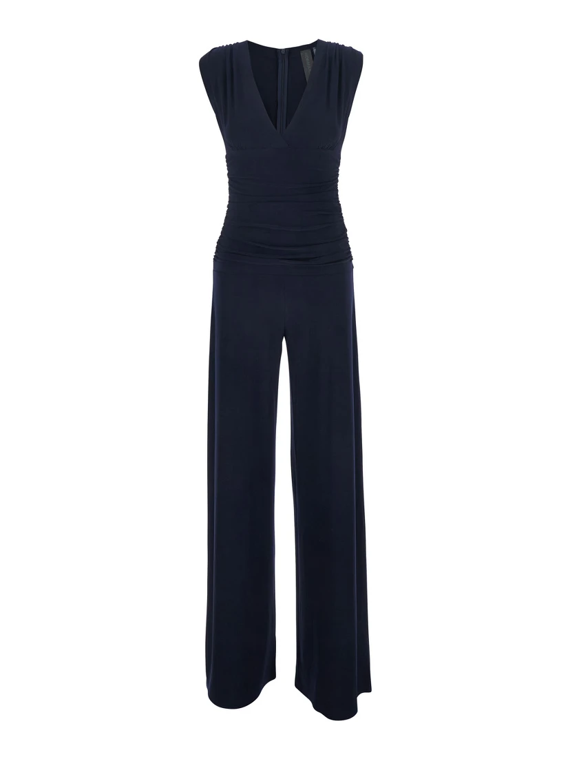 SLEEVELESS V NECK SHIRRED WAIST JUMPSUIT