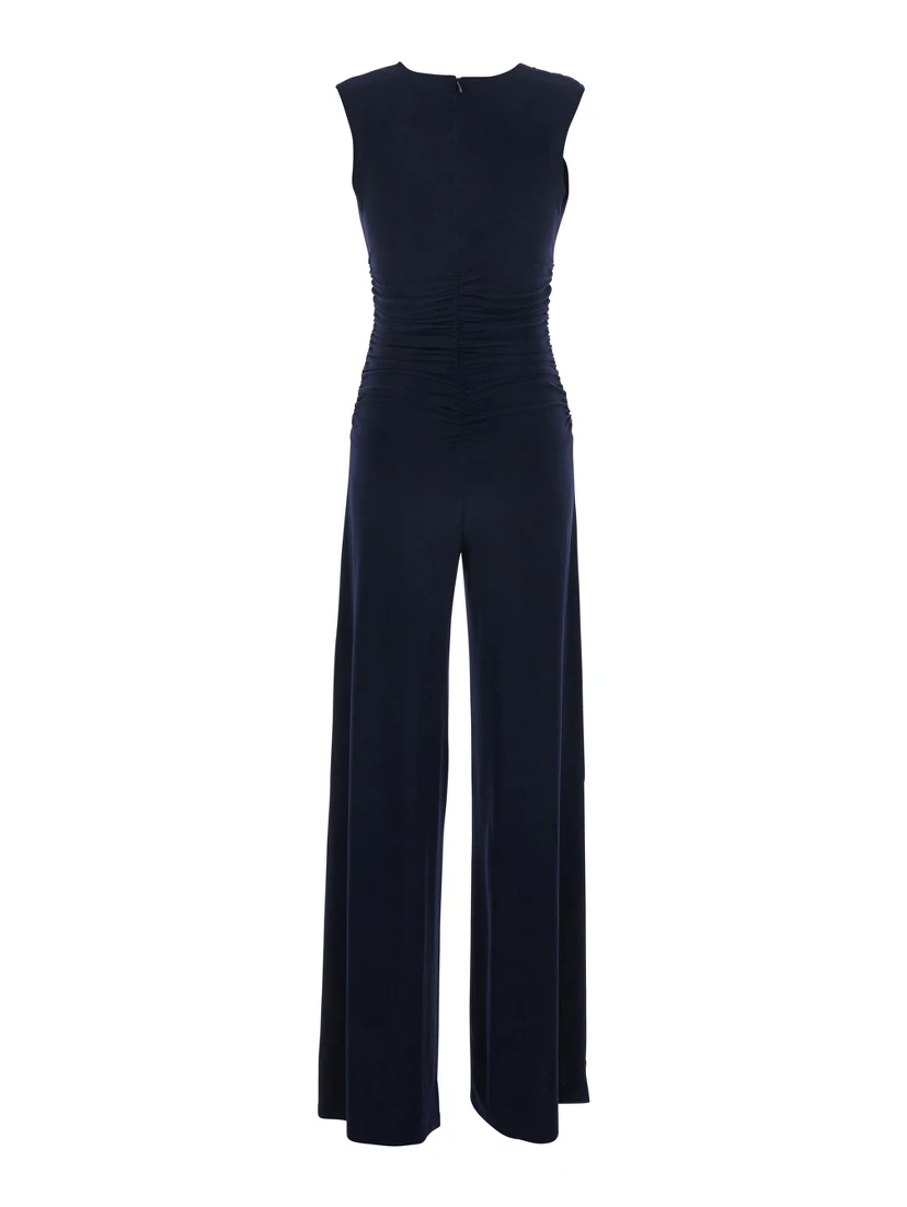 SLEEVELESS V NECK SHIRRED WAIST JUMPSUIT