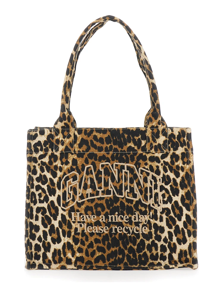 Brown Tote Bag with Graphic Print on the Front and All-Over Leopard Motif in Cotton Woman