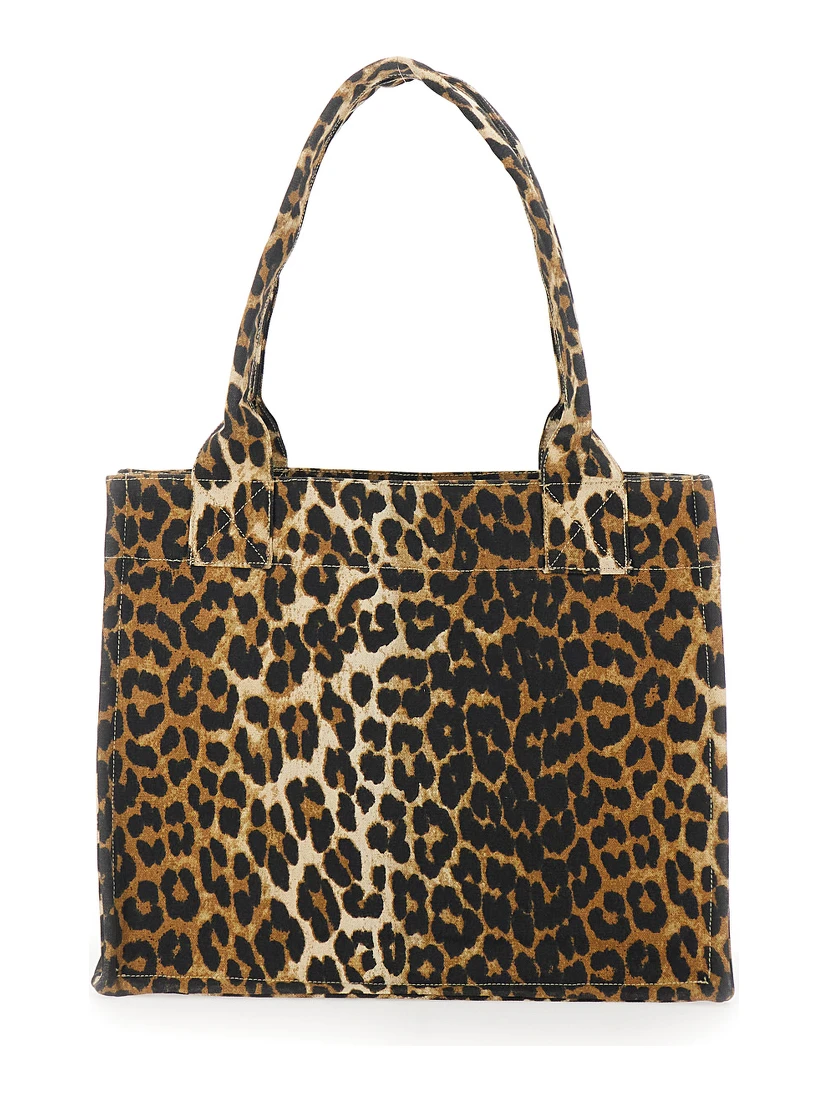 Brown Tote Bag with Graphic Print on the Front and All-Over Leopard Motif in Cotton Woman