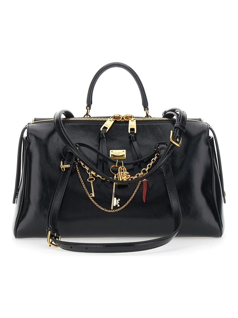 Vittoria Black Shoulder Bag with Chain Detail and Charms on the Front in Leather Woman