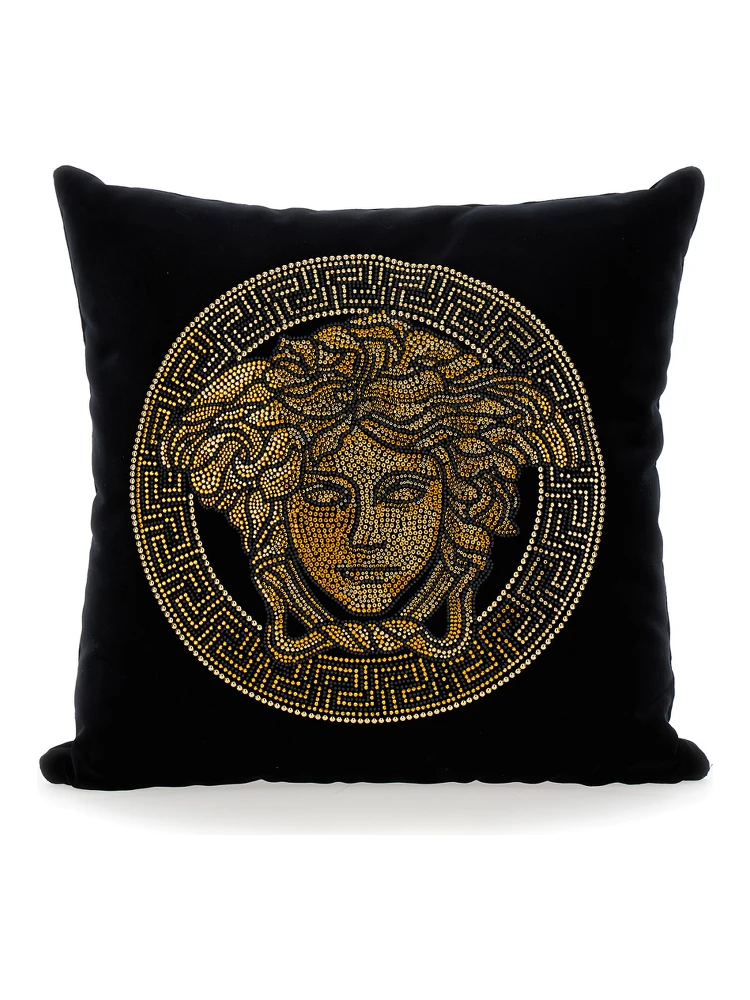 Icon Black Cushion with Medusa and Rhinestone in Cotton