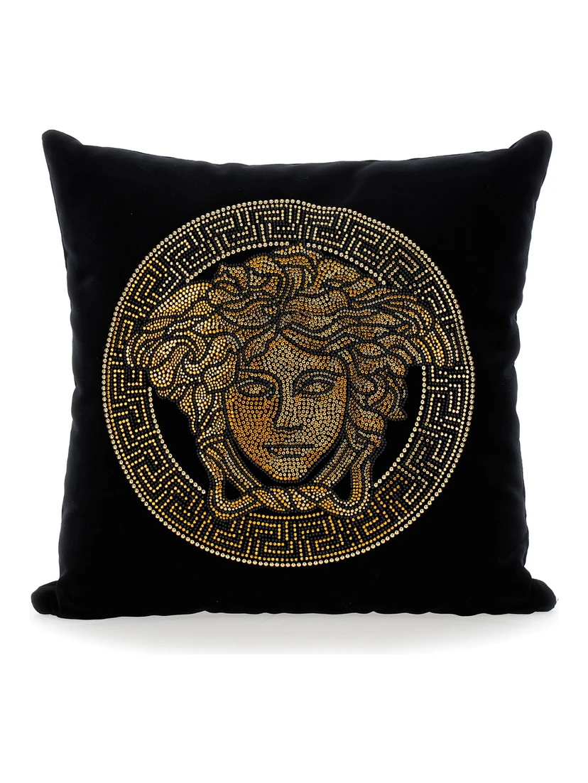 Icon Black Cushion with Medusa and Rhinestone in Cotton