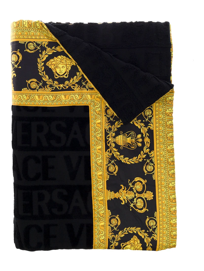 Black Towel with Baroque Print Lining in Terry Cotton Home