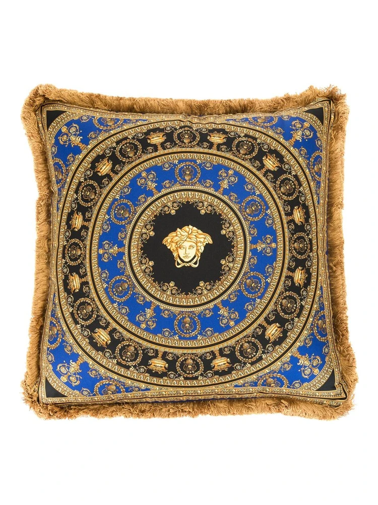 Gold, Black and Blue Pillow  in Silk and Synthetic Fibers with Baroque Print
