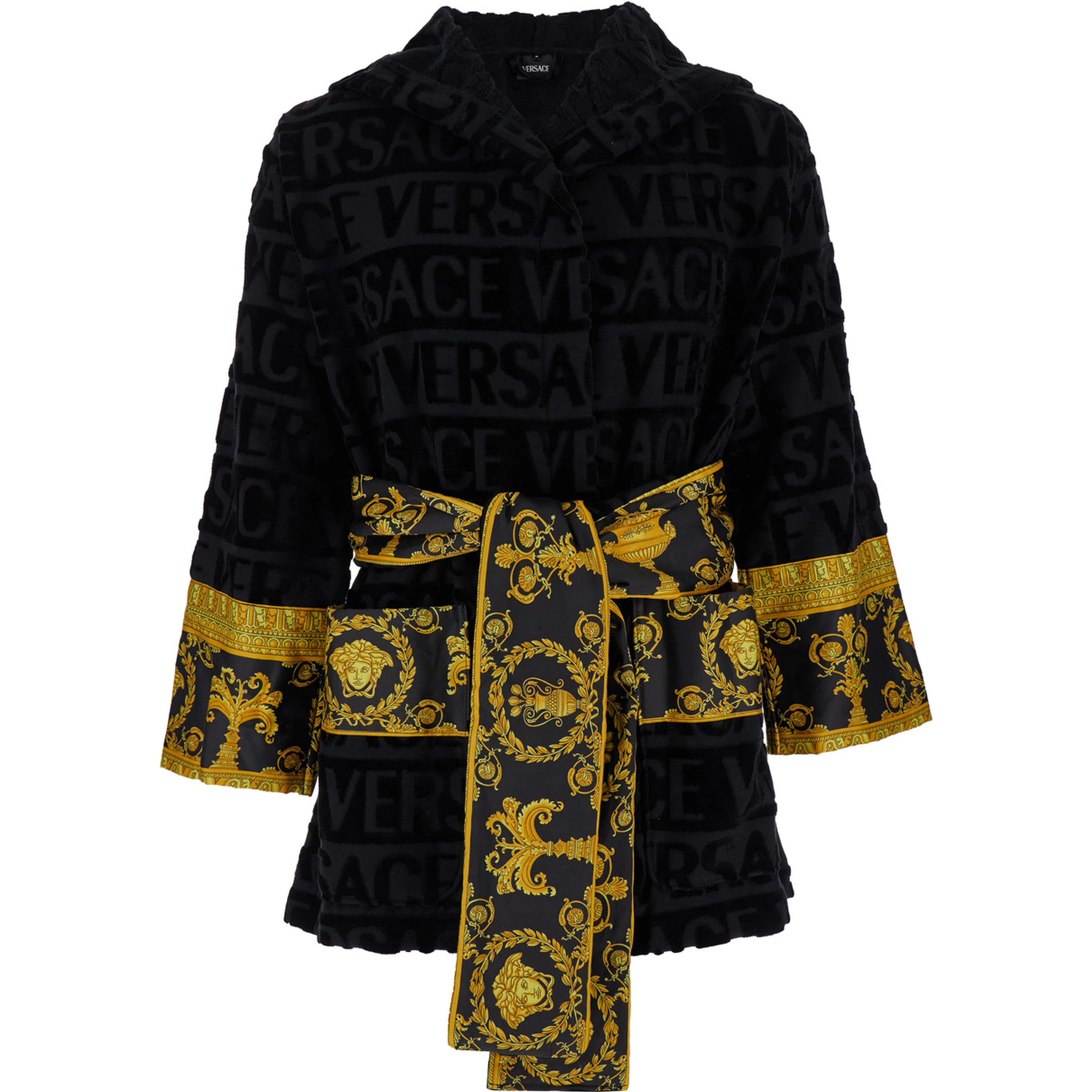 Black Terry Cotton Bathrobe with Baroque Pattern