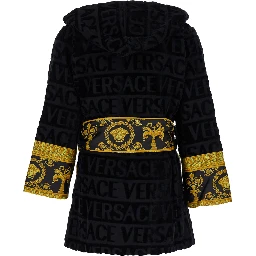Black Terry Cotton Bathrobe with Baroque Pattern