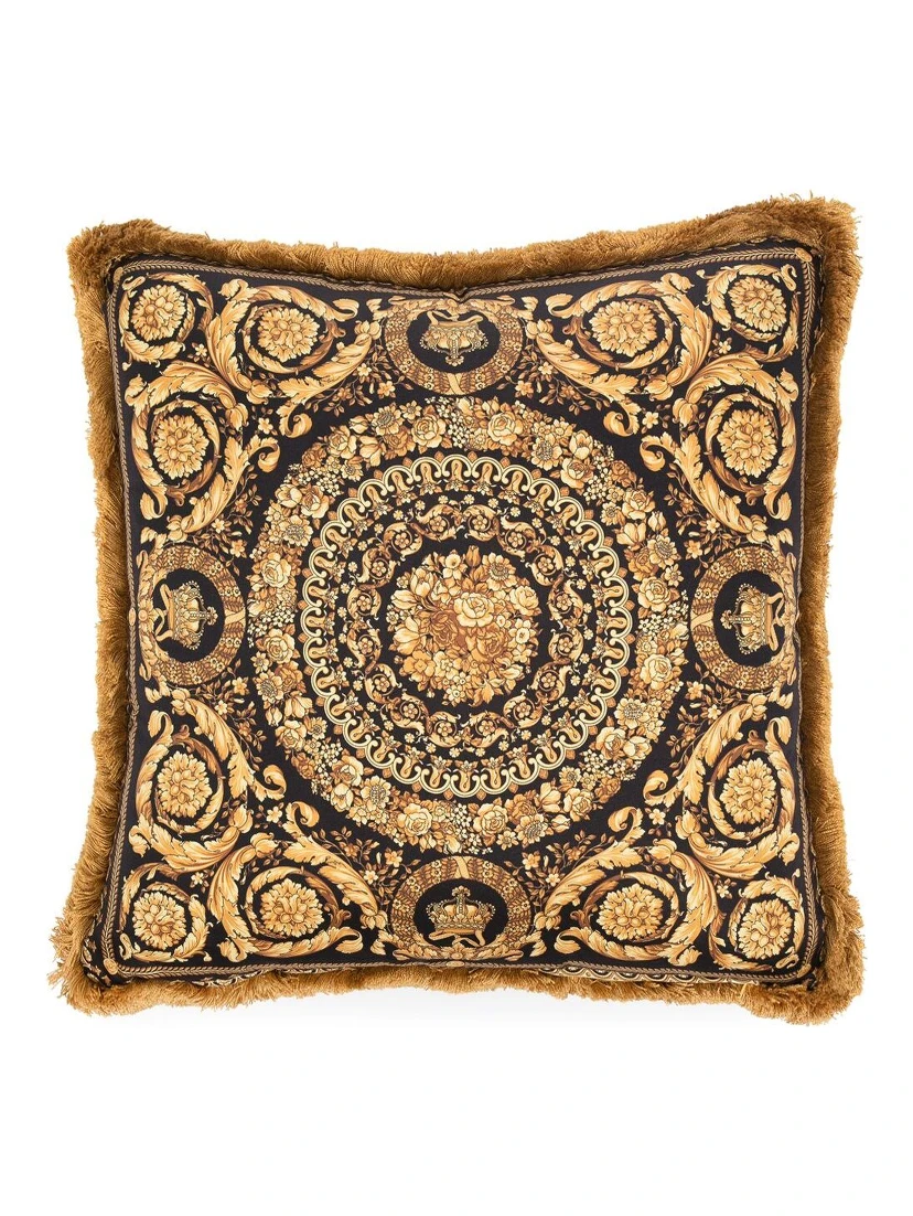 Gold, Black and White Pillow  in Silk and Synthetic Fibers with Baroque Print