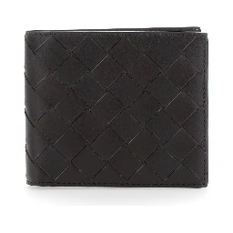 Brown Bi-Fold Wallet with Intrecciato Motif and Embossed Logo on the Inside in Leather Man