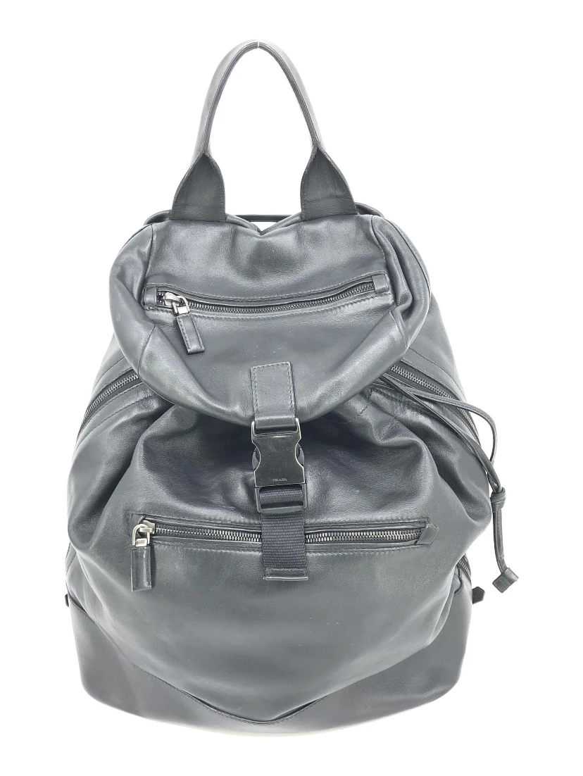 Black Leather Drawstring Backpack