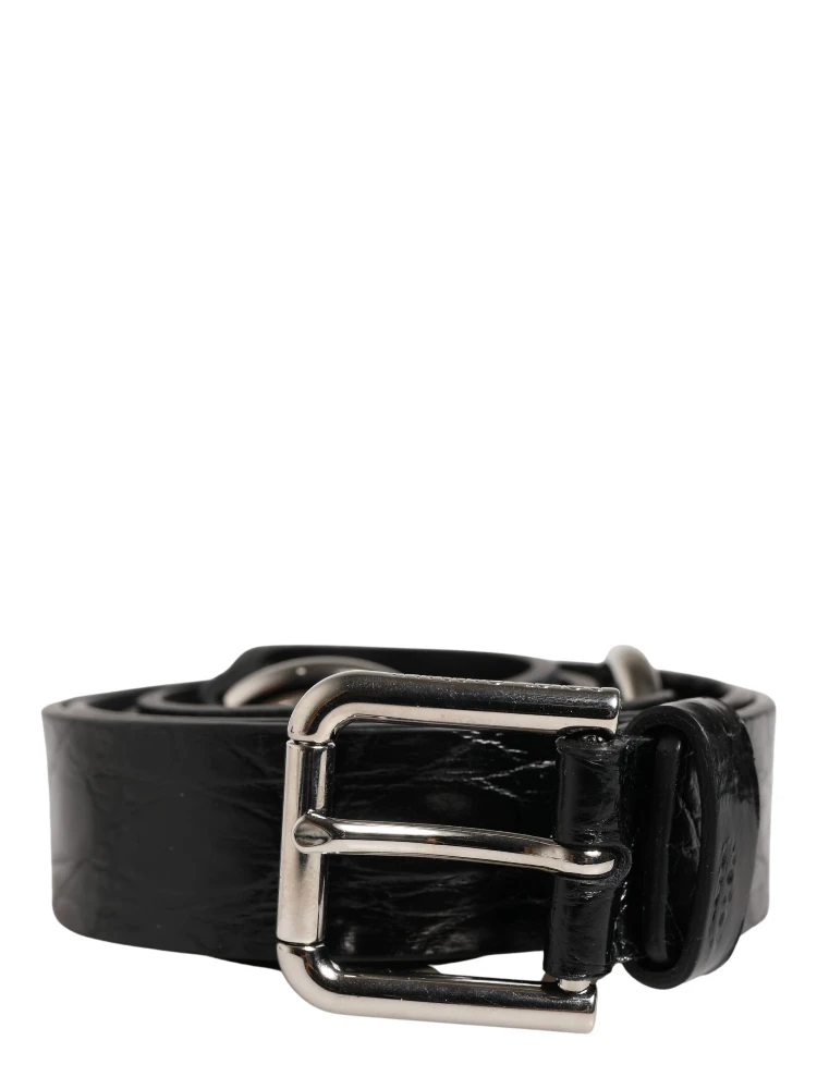 Black Exotic Leather Silver Metal Buckle Belt
