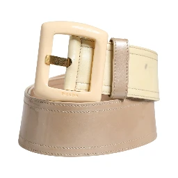 Beige Leather Logo Wide Waist Women Square Buckle Belt