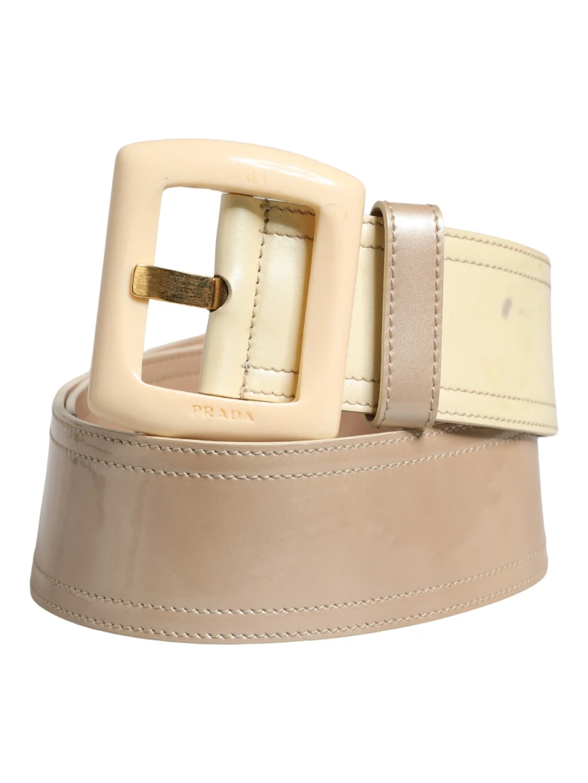 Beige Leather Logo Wide Waist Women Square Buckle Belt