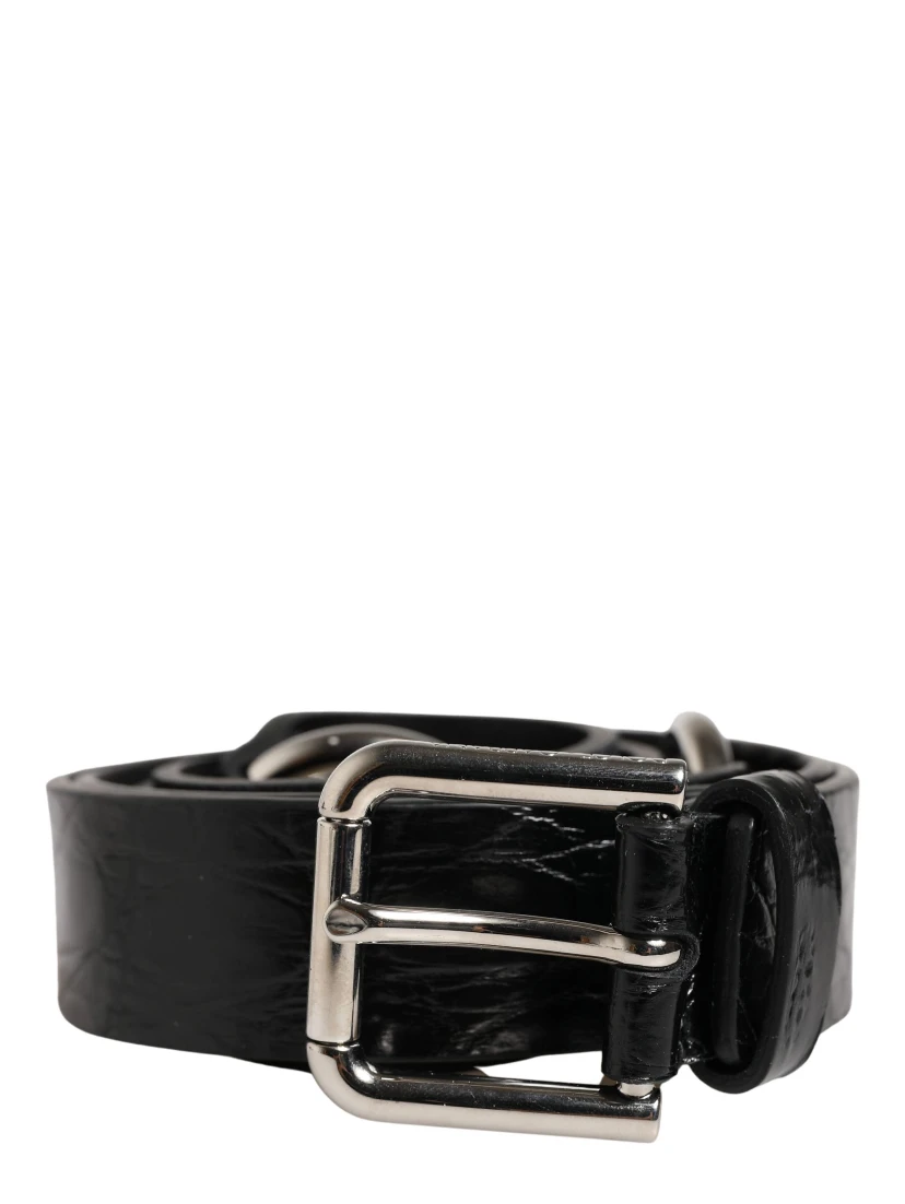 Black Exotic Leather Silver Metal Buckle Belt