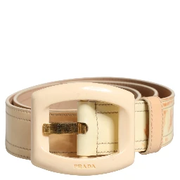 Beige Leather Logo Wide Waist Women Square Buckle Belt