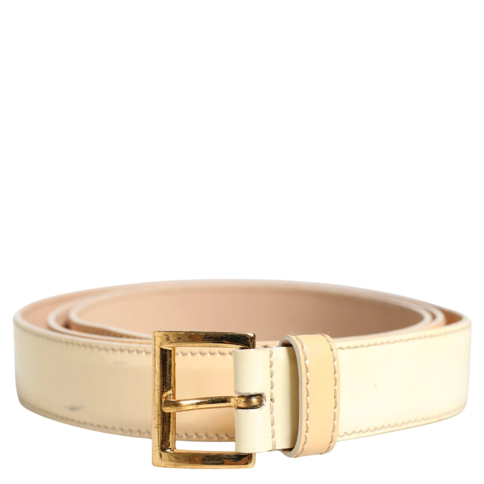 Beige Leather Logo Waist Women Gold Metal Buckle Belt