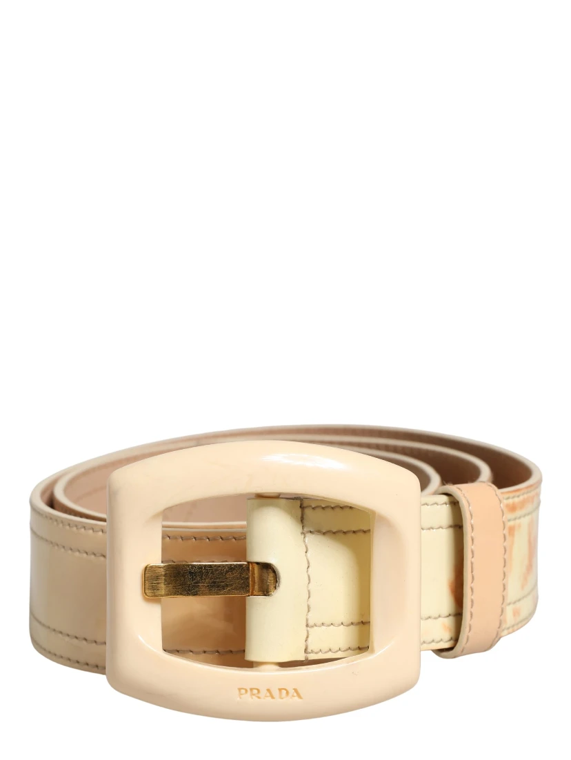 Beige Leather Logo Wide Waist Women Square Buckle Belt